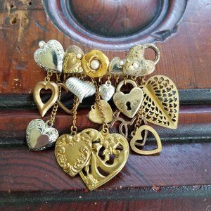 Baroque Brooch Pin with Heart Collage Dangles